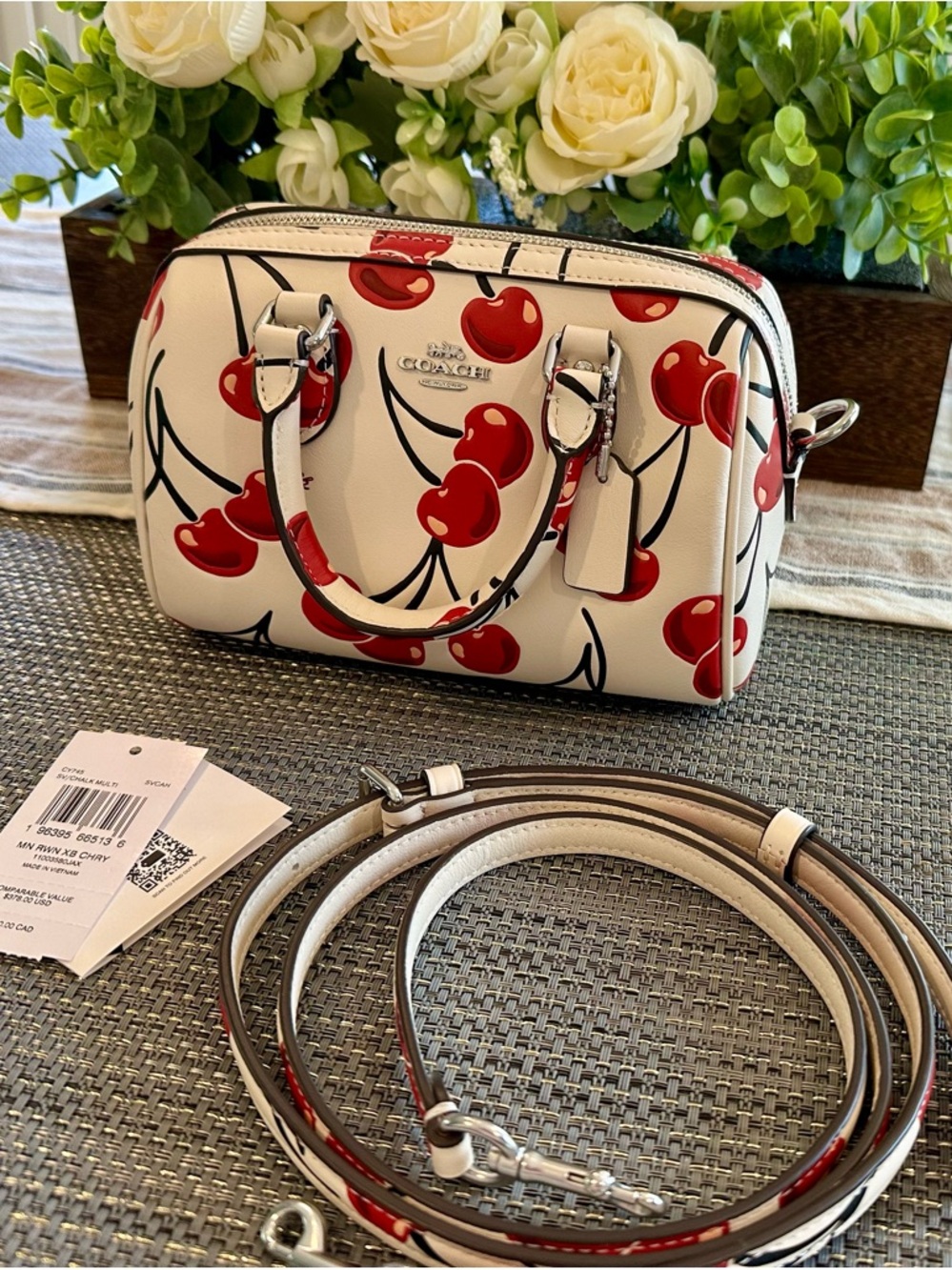 Coach Mini Rowan Satchel Cherry Print Ivory Red Crossbody